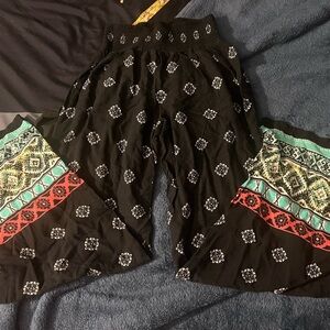 Joe Benbasset Black Patterned Wide-Leg Leggings with Turquoise & Pink Accents